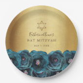 Elegant Teal Rose Floral Gold Bat Mitzvah Papieren Bordje (Voorkant)