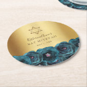 Elegant Teal Rose Floral Gold Bat Mitzvah Ronde Kartonnen Onderzetter (Gebogen)
