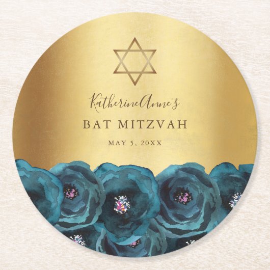 Elegant Teal Rose Floral Gold Bat Mitzvah Ronde Kartonnen Onderzetter (Voorkant)