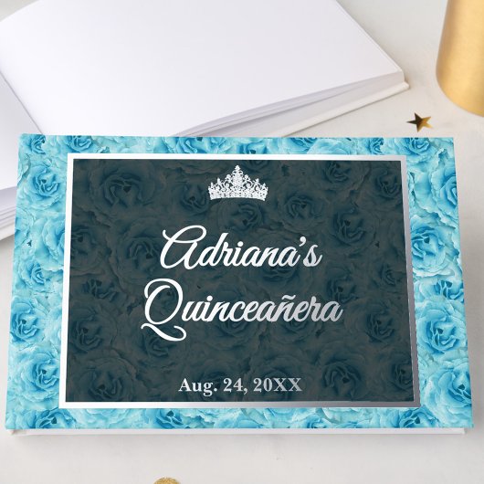 Elegant Teal Rose Floral Quinceanera Silver  Gastenboek