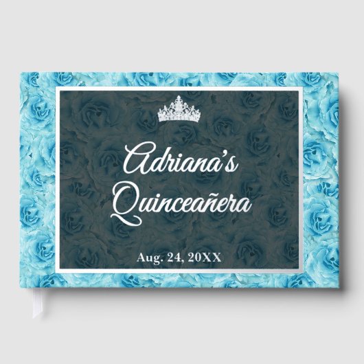 Elegant Teal Rose Floral Quinceanera Silver  Gastenboek (Voorkant)