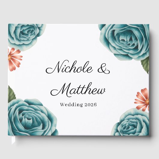 Elegant Teal Rose & Orange Daisey Wedding Gastenboek (Voorkant)