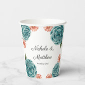 Elegant Teal Rose & Orange Daisey Wedding Papieren Bekers (Achterkant)