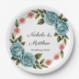Elegant Teal Rose & Orange Daisey Wedding Papieren Bordje