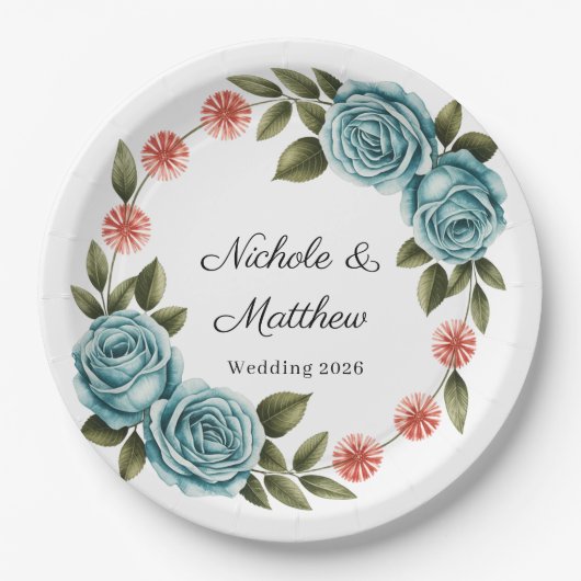 Elegant Teal Rose & Orange Daisey Wedding Papieren Bordje (Voorkant)