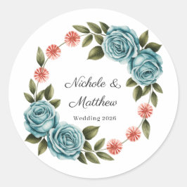 Elegant Teal Rose & Orange Daisey Wedding Ronde Sticker
