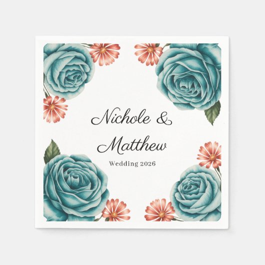 Elegant Teal Rose & Orange Daisey Wedding Servet (Voorkant)
