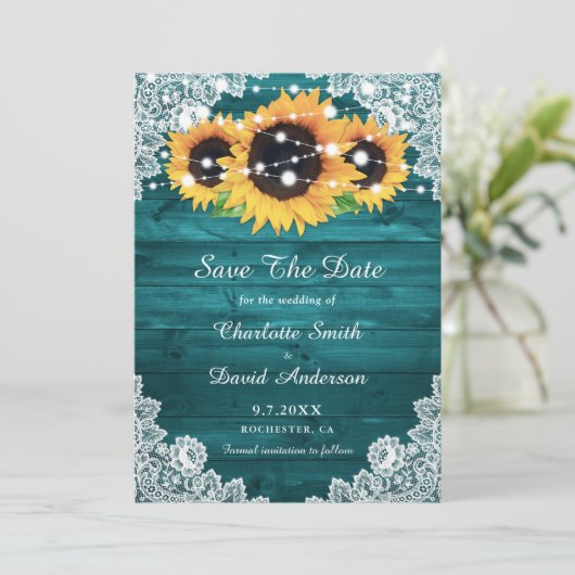 Elegant Teal Rustic Wood Lace Save The Date (Staand voorkant)