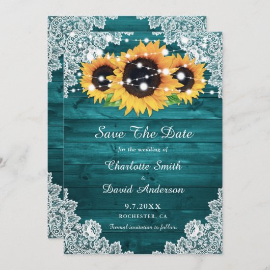 Elegant Teal Rustic Wood Lace Save The Date (Voorkant / Achterkant)