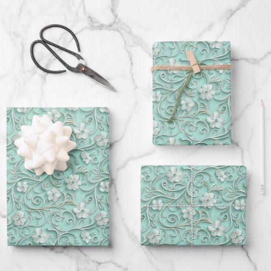 Elegant teal swirl flower pattern  inpakpapier vel (Voorkant)