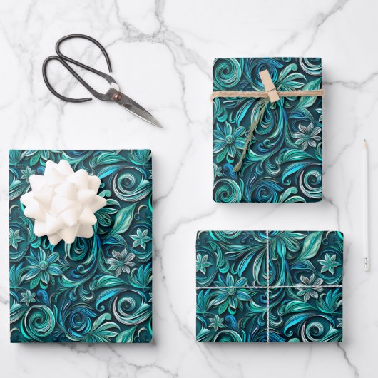 Elegant teal swirl leaf pattern inpakpapier vel (Voorkant)