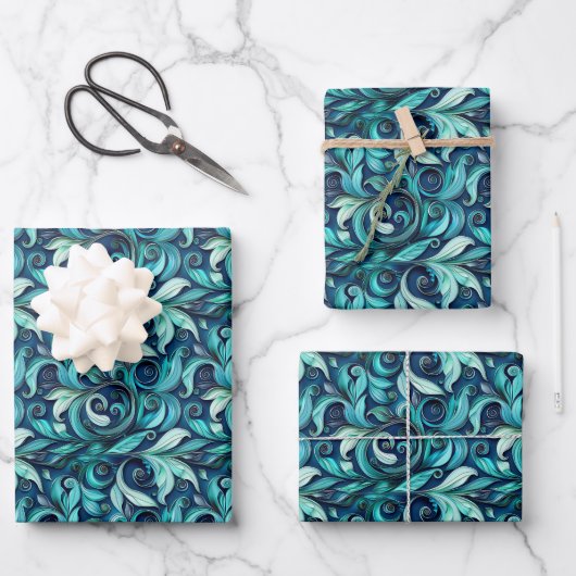 Elegant teal swirl leaf pattern inpakpapier vel (Voorkant)