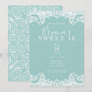 Elegant Teal Turquoise Witte Kant Sweet 16 Feest  Kaart