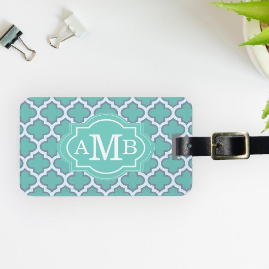 Elegant Teal Vierbladig Patroon Aangepaste Monogra Bagagelabel
