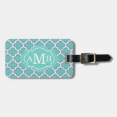 Elegant Teal Vierbladig Patroon Aangepaste Monogra Bagagelabel (Voorkant horizontaal)