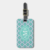 Elegant Teal Vierbladig Patroon Aangepaste Monogra Bagagelabel (Voorkant verticaal)