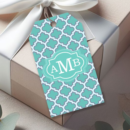 Elegant Teal Vierbladig Patroon Aangepaste Monogra Cadeaulabel