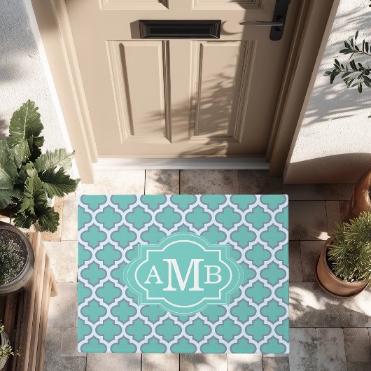 Elegant Teal Vierbladig Patroon Aangepaste Monogra Deurmat