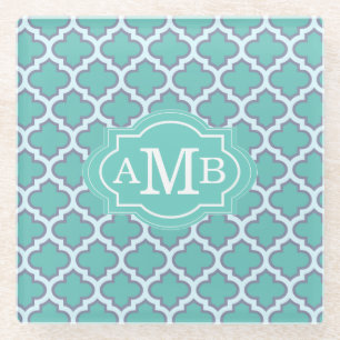 Elegant Teal Vierbladig Patroon Aangepaste Monogra Glazen Onderzetter