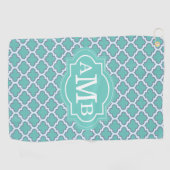 Elegant Teal Vierbladig Patroon Aangepaste Monogra Golfhanddoek (Horizontaal)