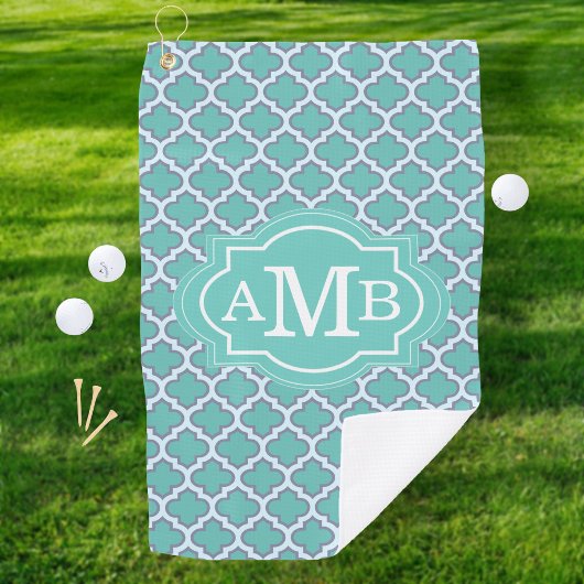 Elegant Teal Vierbladig Patroon Aangepaste Monogra Golfhanddoek