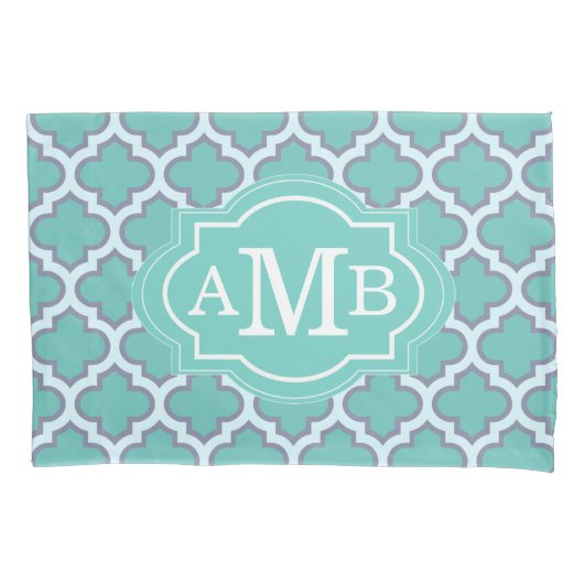 Elegant Teal Vierbladig Patroon Aangepaste Monogra Kussensloop (Voorkant)