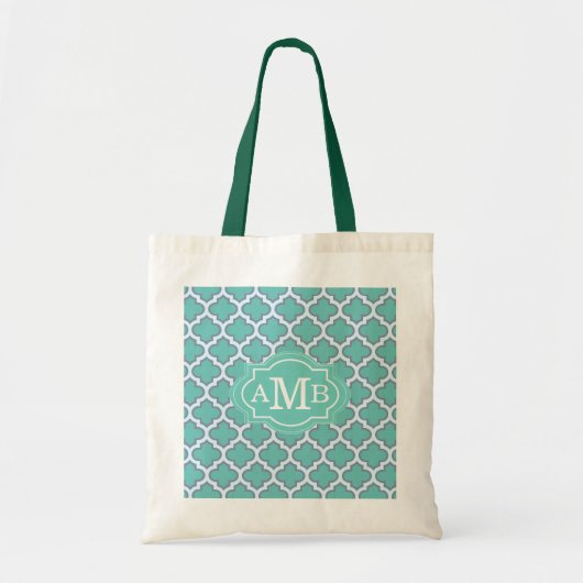 Elegant Teal Vierbladig Patroon Aangepaste Monogra Tote Bag (Voorkant)