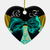 ELEGANT TEAL WITTE DAMAST BLAUWE LINT MONOGRAM KERAMISCH ORNAMENT (Achterkant)