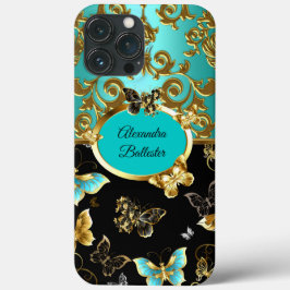 Elegant Tealblauw Damast Bloem Vlinder Goud Case-Mate iPhone Case