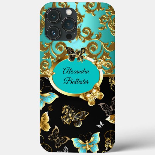 Elegant Tealblauw Damast Bloem Vlinder Goud Case-Mate iPhone Case (Achterkant)