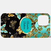 Elegant Tealblauw Damast Bloem Vlinder Goud Case-Mate iPhone Case (Achterkant (horizontaal))