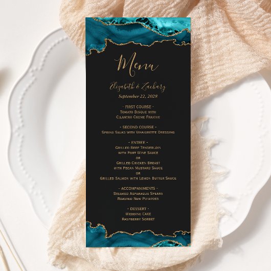 Elegant Tealblauw Gouden Agate Donkere Bruiloft Menu