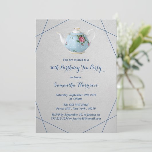 Elegant Teapot Birthday Tea Party Kaart (Staand voorkant)