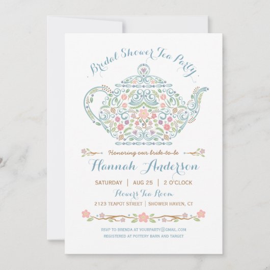 Elegant Teapot Bridal Shower Invitation Kaart (Voorkant)