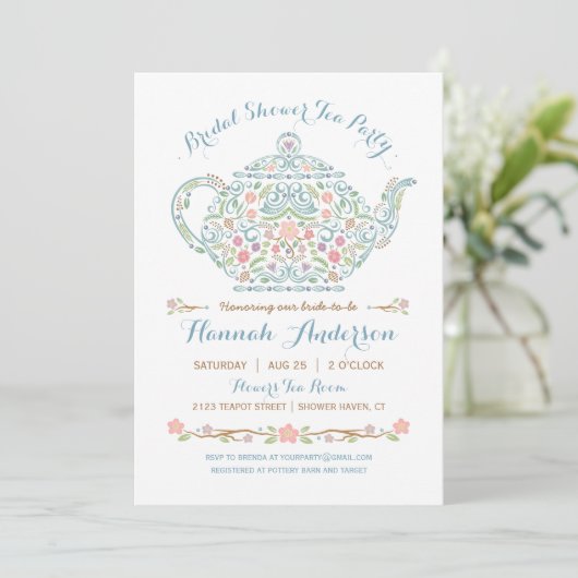 Elegant Teapot Bridal Shower Invitation Kaart (Staand voorkant)