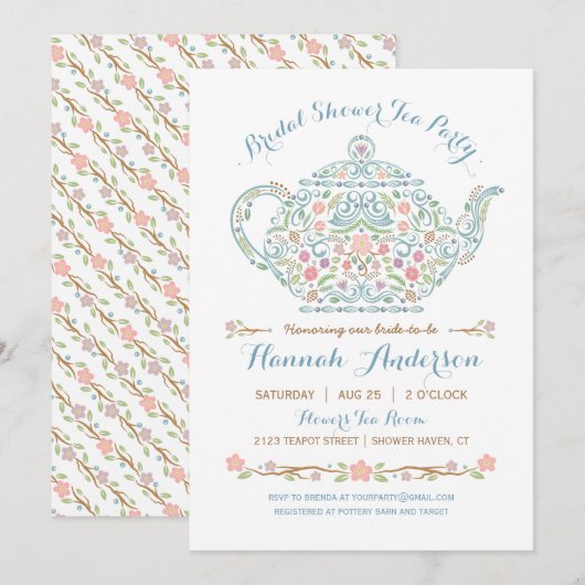 Elegant Teapot Bridal Shower Invitation Kaart (Voorkant / Achterkant)