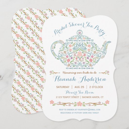 Elegant Teapot Bridal Shower Invitation Kaart (Voorkant / Achterkant)