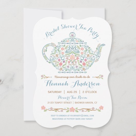 Elegant Teapot Bridal Shower Invitation Kaart (Voorkant)