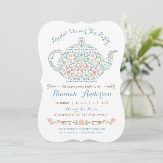 Elegant Teapot Bridal Shower Invitation Kaart (Staand voorkant)
