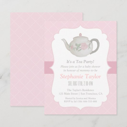 Elegant Teapot Tea Party Baby Shower Invitations Kaart (Voorkant / Achterkant)