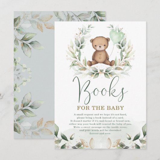 Elegant Teddy Bear Greenery Gold Books voor Baby Informatiekaartje (Voorkant / Achterkant)