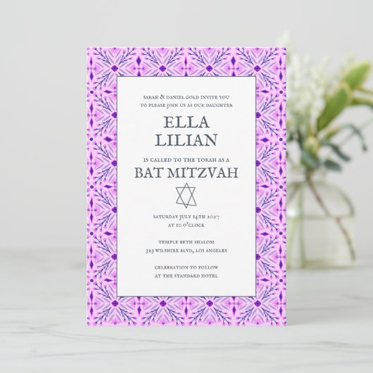 Elegant Tegel Pattern Custom B'nai Bat Bar Mitzvah Kaart (Staand voorkant)