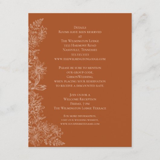 Elegant Terra Cotta Floral Wedding Details Informatiekaartje (Voorkant)