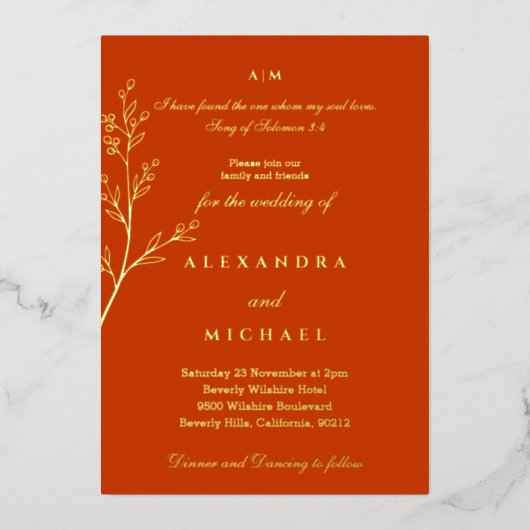 Elegant Terracotta Bible Verse Christian Wedding Folie Uitnodiging (Voorkant)