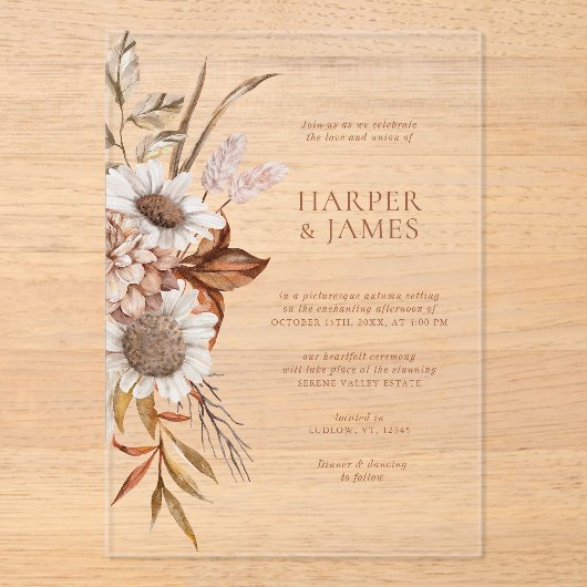 Elegant Terracotta Bloemen Boho Fall Bruiloft Acryl Uitnodigingen (Voorkant)