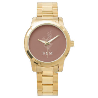 Elegant Terracotta Bloemen Passen getrouwd Monogra Horloge