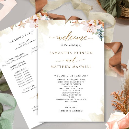 Elegant Terracotta Blush Floral Wedding Programme