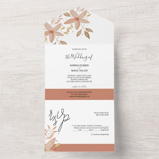 Elegant Terracotta Blush Waterverf Flowers All In One Uitnodiging (Binnen)