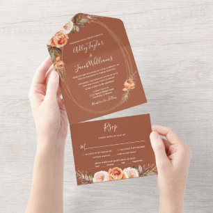 Elegant Terracotta Boho Floral Fall Wedding All In One Uitnodiging
