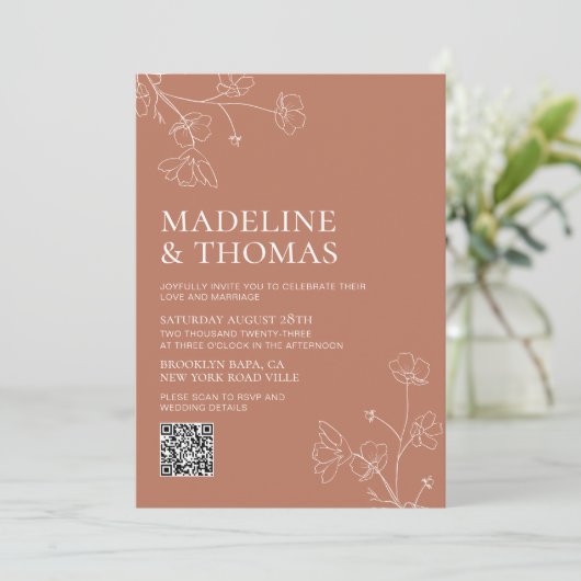 Elegant Terracotta Boho QR code Weddenschap Kaart (Staand voorkant)